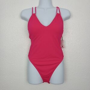 Shade & Shore Bathing Suit Women's S 4-6 Pink High Leg Cheeky One Piece Swimwear